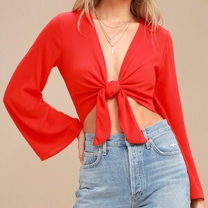 NWOT Lulu’s Coral Red Tie-Front Long Sleeve Crop Top